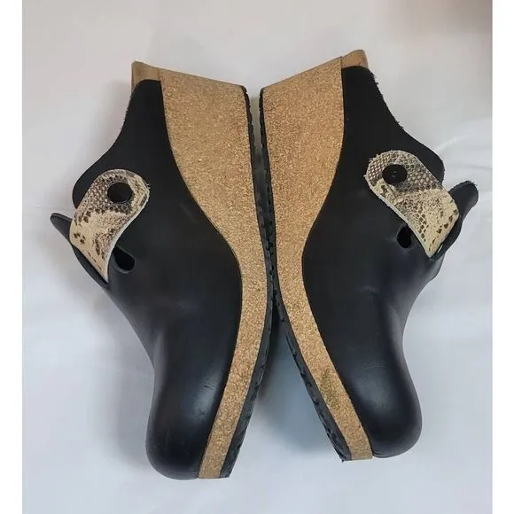 Birkenstock Papillio Fanny Embossed Black Beige Snake Print Leather Wedge Clog S