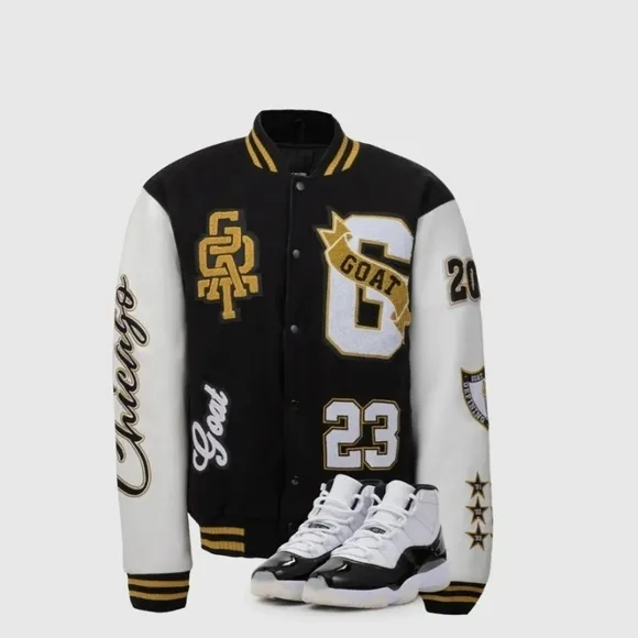 Black and White  CHICAGO GOAT Varsity Jacket. Shoes Not Included