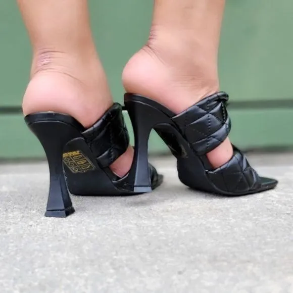 Black Double Strap Square Toe Heel Mule Sandals