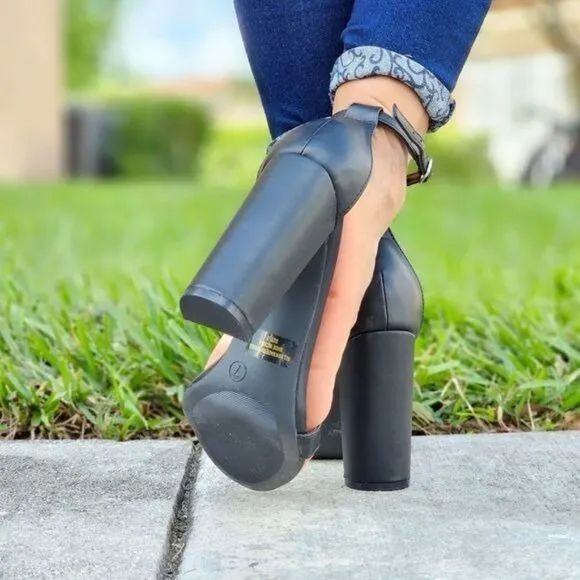 Black PU Ankle Strap Block Heel Dress Sandals