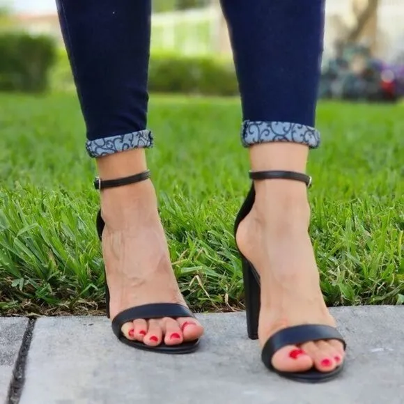 Black PU Ankle Strap Block Heel Dress Sandals