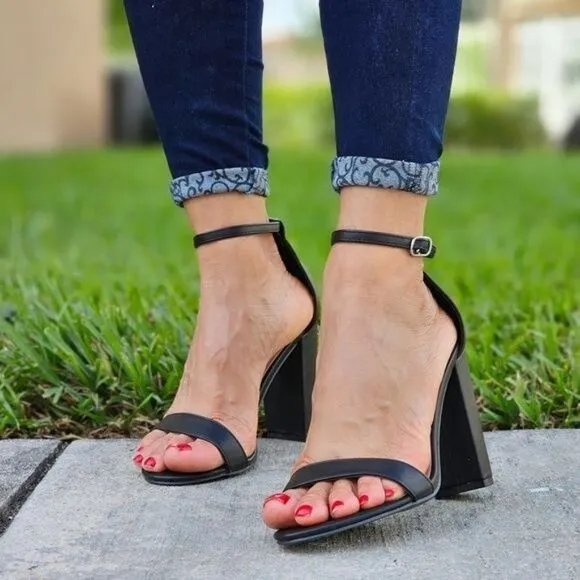 Black PU Ankle Strap Block Heel Dress Sandals