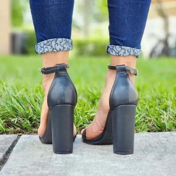 Black PU Ankle Strap Block Heel Dress Sandals