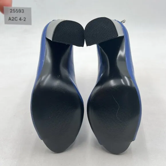 Blue Women Stylish Peep Toe Slouch Ankle Boots Chunky Stacked Heels Party Shoes