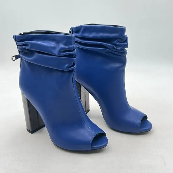 Blue Women Stylish Peep Toe Slouch Ankle Boots Chunky Stacked Heels Party Shoes