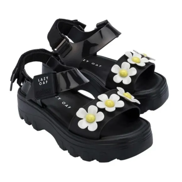 BNWOT Melissa x Lazy Oaf Black Daisy Flower Women's Platform Sandals