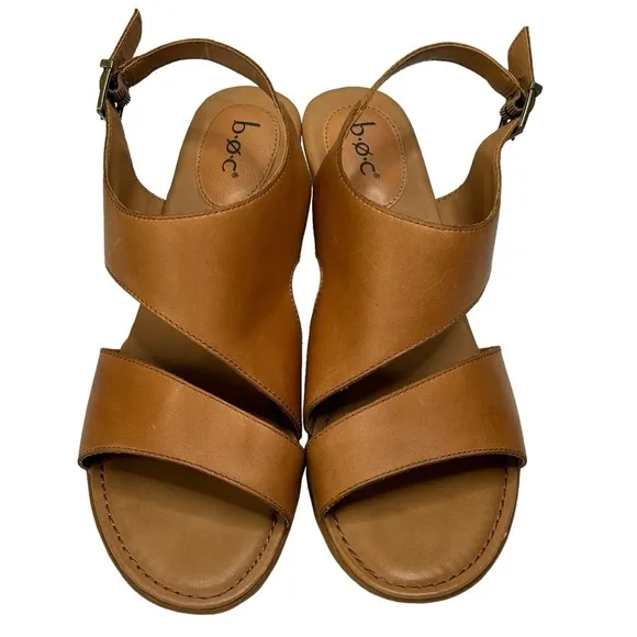 b.o.c Gorgeous Cognac Dress Leather Sandals 2.5” Wooden Block Heel Size 11