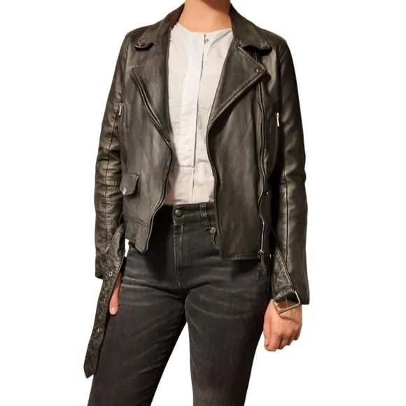 BOD &amp; CHRISTENSEN Leather Moto Jacket Belt Asymmetrical Zip Crop Black Biker S