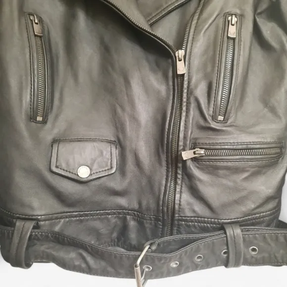 BOD &amp; CHRISTENSEN Leather Moto Jacket Belt Asymmetrical Zip Crop Black Biker S