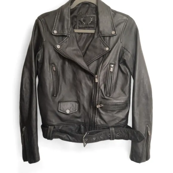 BOD &amp; CHRISTENSEN Leather Moto Jacket Belt Asymmetrical Zip Crop Black Biker S