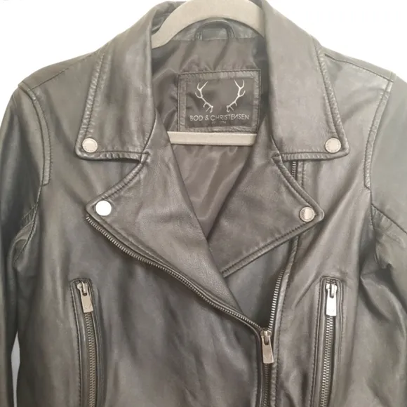 BOD &amp; CHRISTENSEN Leather Moto Jacket Belt Asymmetrical Zip Crop Black Biker S