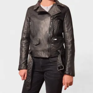 BOD &amp; CHRISTENSEN Leather Moto Jacket Belt Asymmetrical Zip Crop Black Biker S