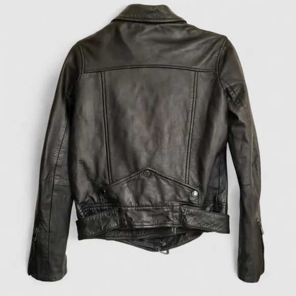 BOD &amp; CHRISTENSEN Leather Moto Jacket Belt Asymmetrical Zip Crop Black Biker S