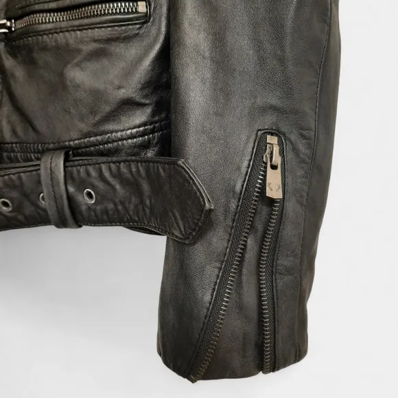 BOD &amp; CHRISTENSEN Leather Moto Jacket Belt Asymmetrical Zip Crop Black Biker S