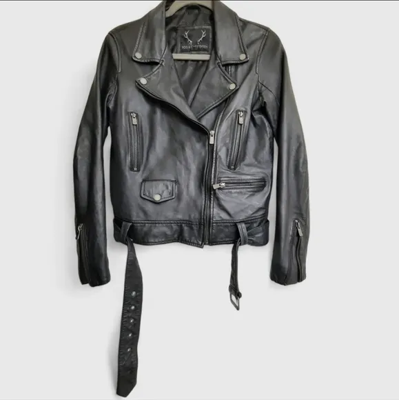 BOD &amp; CHRISTENSEN Leather Moto Jacket Belt Asymmetrical Zip Crop Black Biker S
