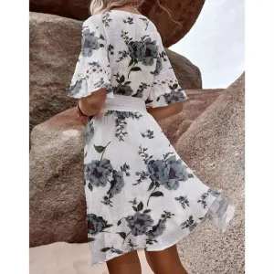 Boho floral dress -Eyelet Lace V-Neck Short Sleeve