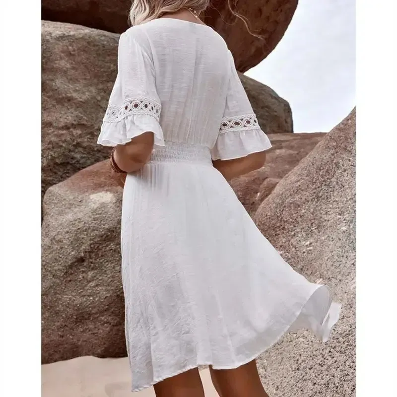 Boho floral dress -Eyelet Lace V-Neck Short Sleeve