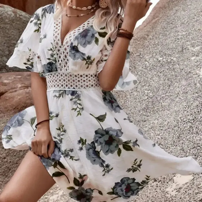 Boho floral dress -Eyelet Lace V-Neck Short Sleeve