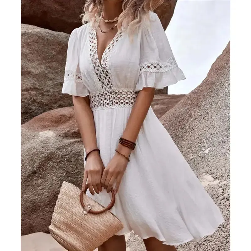 Boho floral dress -Eyelet Lace V-Neck Short Sleeve