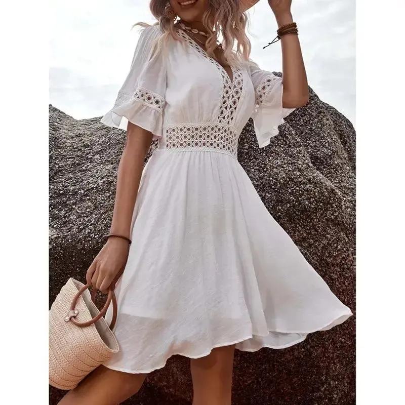 Boho floral dress -Eyelet Lace V-Neck Short Sleeve