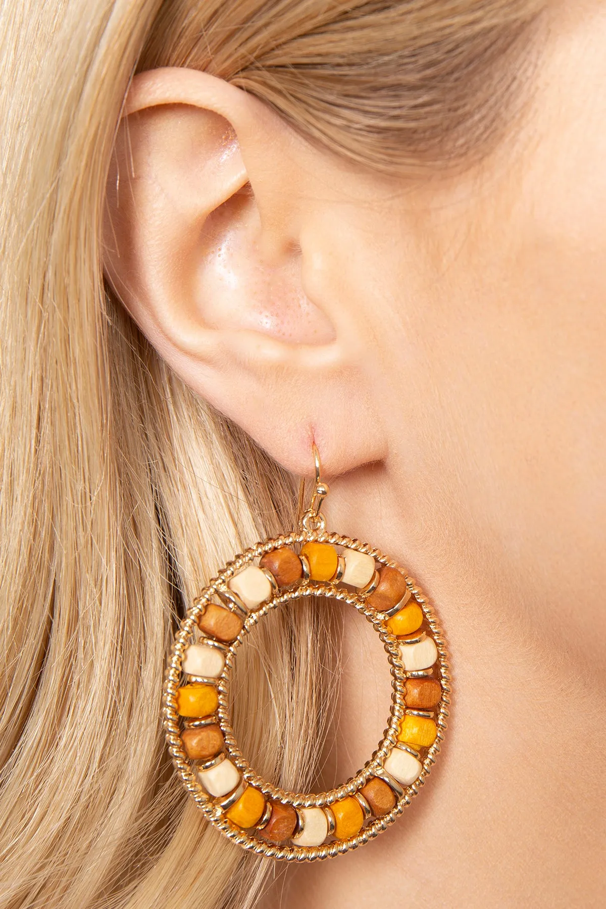 BOHO WOOD BEAD OPEN CIRCLE EARRINGS
