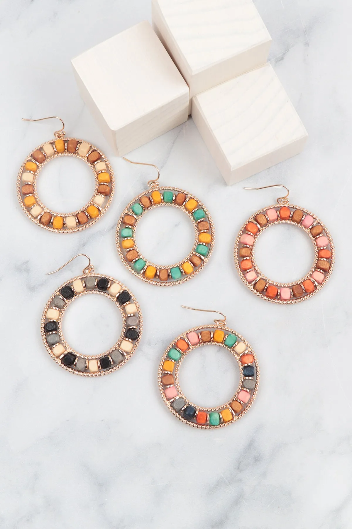 BOHO WOOD BEAD OPEN CIRCLE EARRINGS