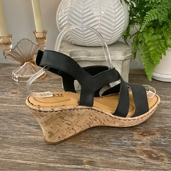Born Black Leather &amp; Cork Wedge Sandals Women’s 9M