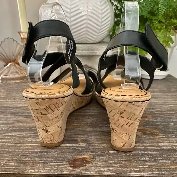 Born Black Leather &amp; Cork Wedge Sandals Women’s 9M