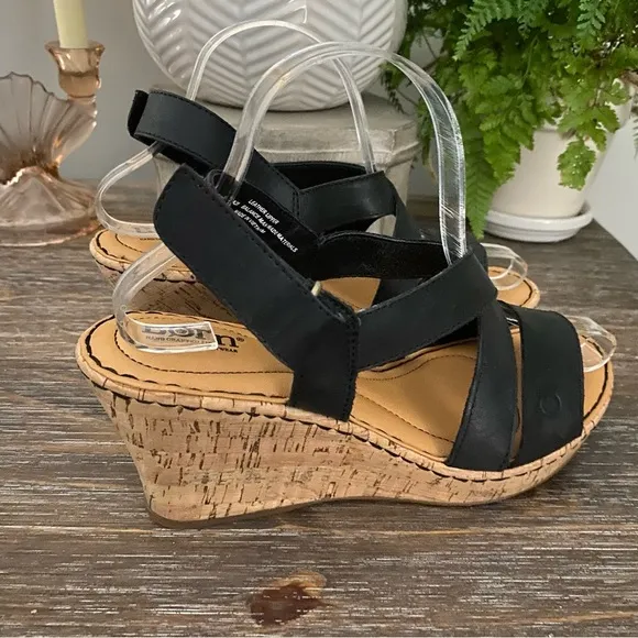 Born Black Leather &amp; Cork Wedge Sandals Women’s 9M