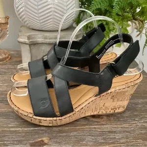 Born Black Leather &amp; Cork Wedge Sandals Women’s 9M