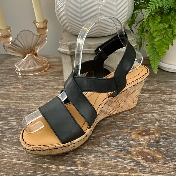 Born Black Leather &amp; Cork Wedge Sandals Women’s 9M