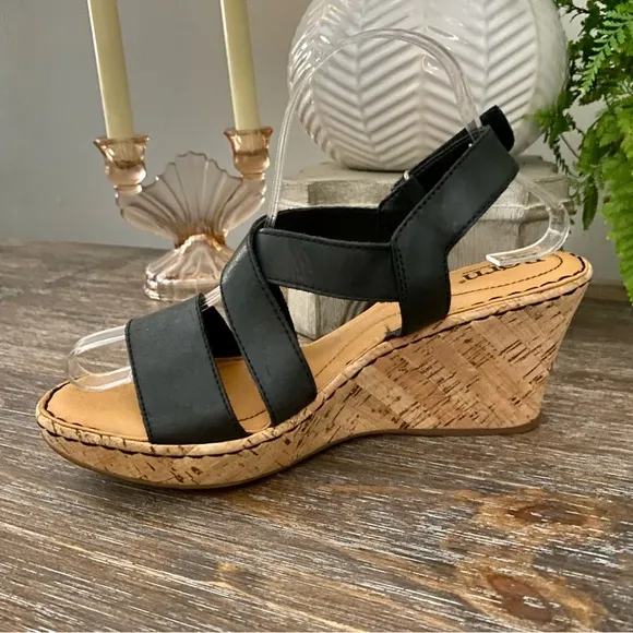 Born Black Leather &amp; Cork Wedge Sandals Women’s 9M
