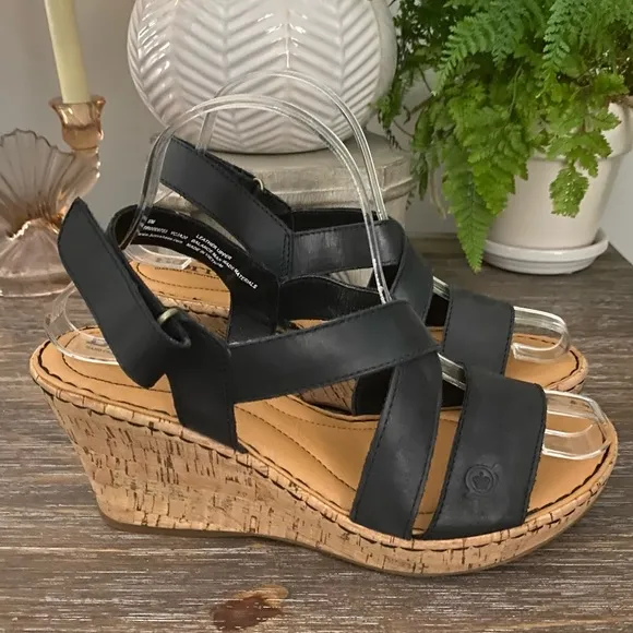 Born Black Leather &amp; Cork Wedge Sandals Women’s 9M