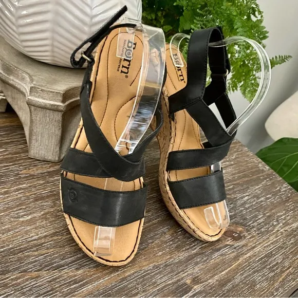 Born Black Leather &amp; Cork Wedge Sandals Women’s 9M