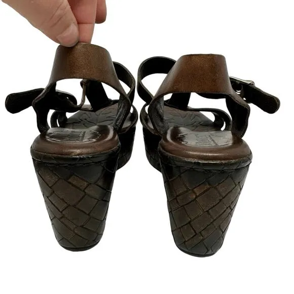 BORN MENUDA Brown Leather Chunky Platform Heel Sandals Sz 9.5 Basket Woven Wedge