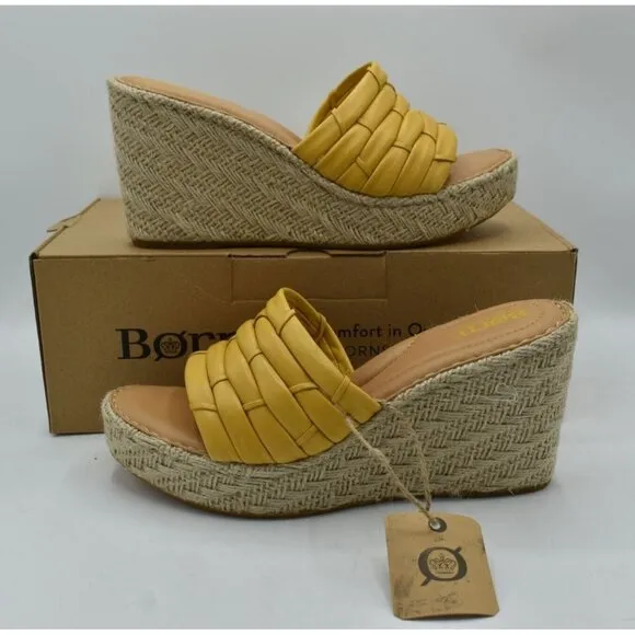 Born Women Size 9 Aneesa Yellow Full Grain Leather Espadrille Wedge Sandal Shoes
