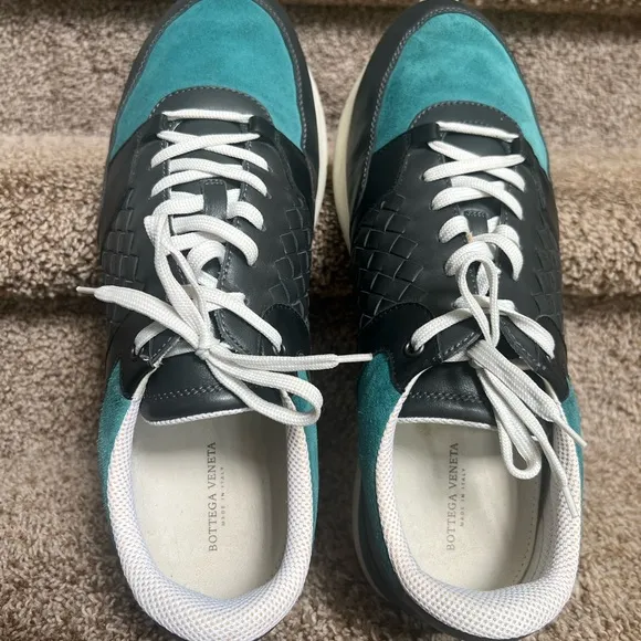 Bottega Veneta Stylish Black and Teal Men's Leather/Suede Sneakers