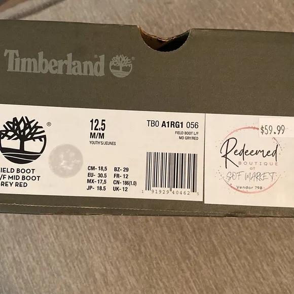 Brand New Boys Grey and Red Timberland Field Boots Size 12.5!