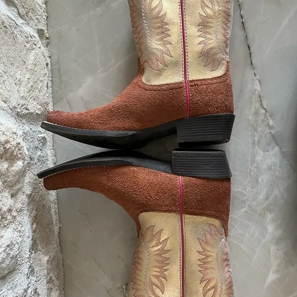 Brown and Tan Western Boots with Pink Accents