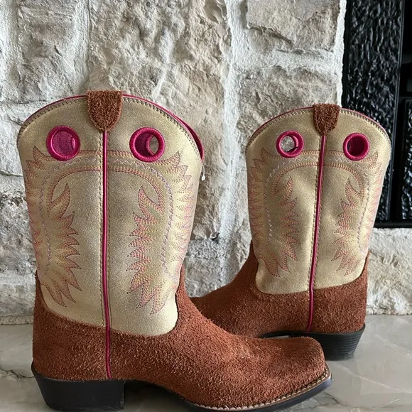 Brown and Tan Western Boots with Pink Accents