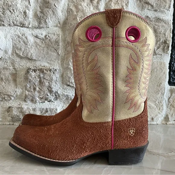 Brown and Tan Western Boots with Pink Accents