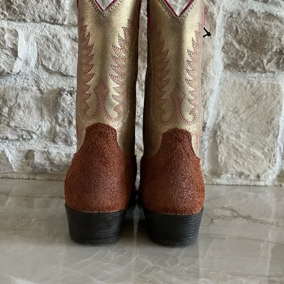 Brown and Tan Western Boots with Pink Accents
