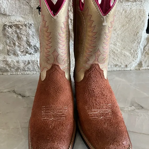 Brown and Tan Western Boots with Pink Accents