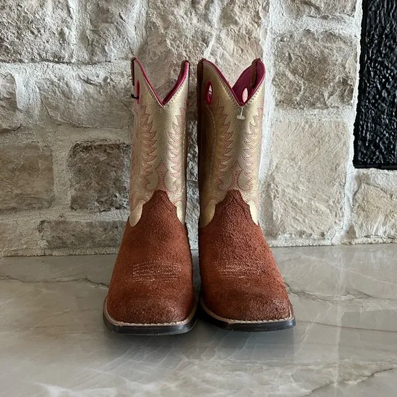 Brown and Tan Western Boots with Pink Accents