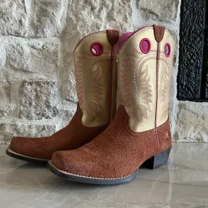 Brown and Tan Western Boots with Pink Accents