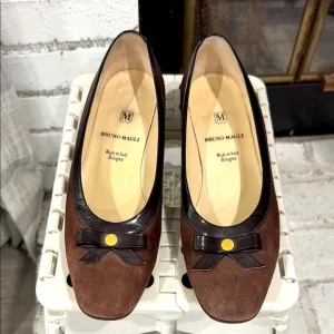 Bruno Magli Women's Pump Brown Cognac Suede Leather Shoes Block Heel Bow Size 8