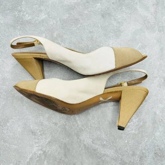Bruno Magli Womens Shoes Size 10.5 Beige Leather &amp; Fabric Sandals Stilettos