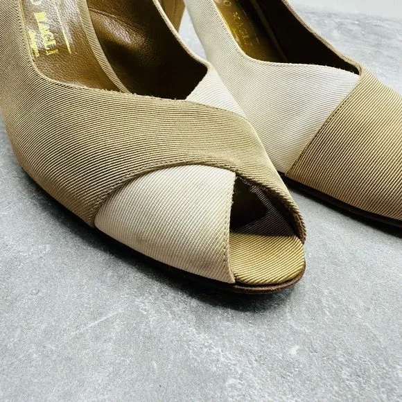Bruno Magli Womens Shoes Size 10.5 Beige Leather &amp; Fabric Sandals Stilettos