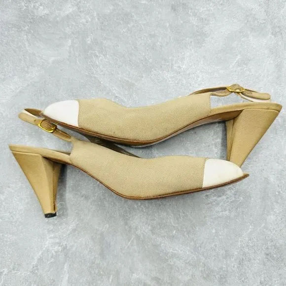 Bruno Magli Womens Shoes Size 10.5 Beige Leather &amp; Fabric Sandals Stilettos