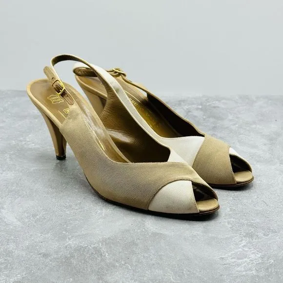 Bruno Magli Womens Shoes Size 10.5 Beige Leather &amp; Fabric Sandals Stilettos